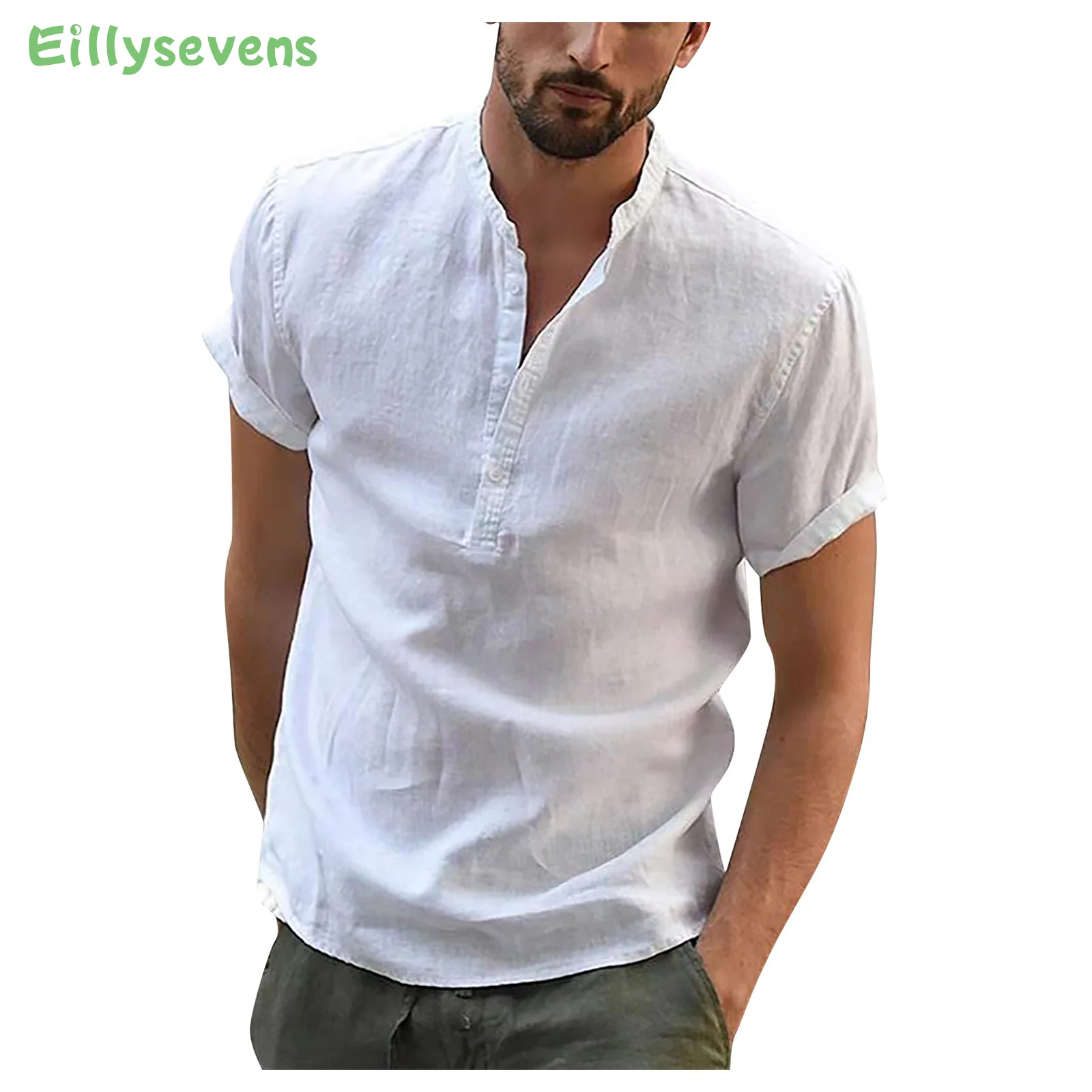 

Новинка 2023, мужская рубашка из хлопка и льна с воротником-стойкой и коротким рукавом, Мужская Дизайнерская одежда, Популярные топы для мужчин