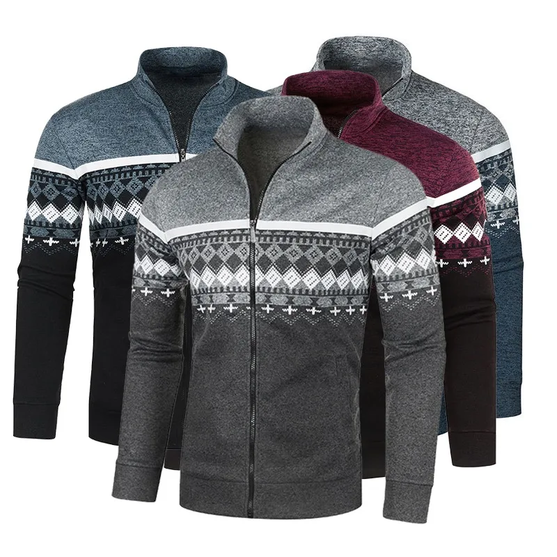 Spring Autumn Men's Knitted Cardigan Jacket Printed Long Sleeve Stand Collar Leisure Slim Zipper Sweater Jacket S-3XL