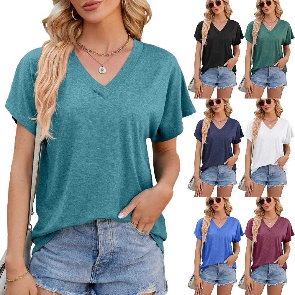 

Spring and Summer Women's Solid Color V-neck Loose Short Sleeved T-shirt