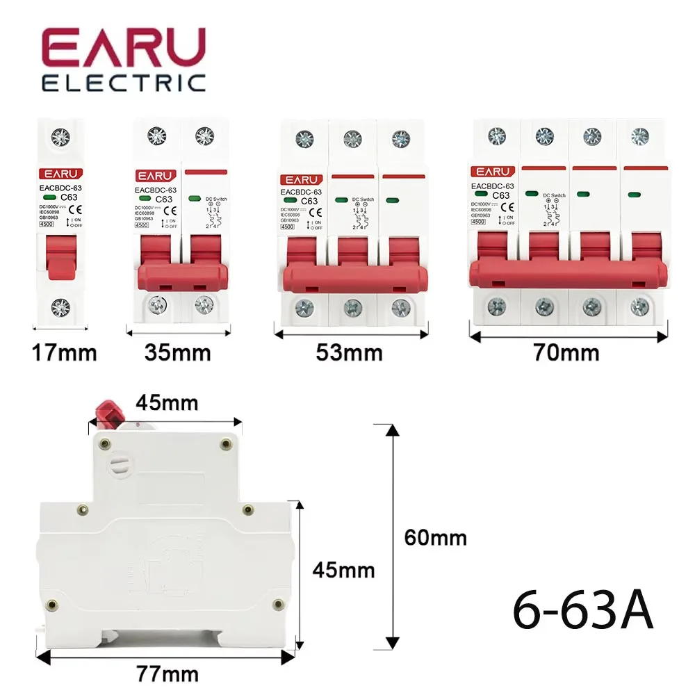 DC 1000V 1P 2P 3P 4P Solar Mini Circuit Breaker Overload Protection Switch6A~63A