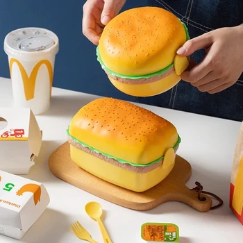 Boîte à déjeuner à Hamburger à Double niveau, boîte à Bento mignonne pour hamburger, micro-ondes, repas scolaire pour enfants, récipient alimentaire, fourchette, ensemble de vaisselle, cadeaux 1