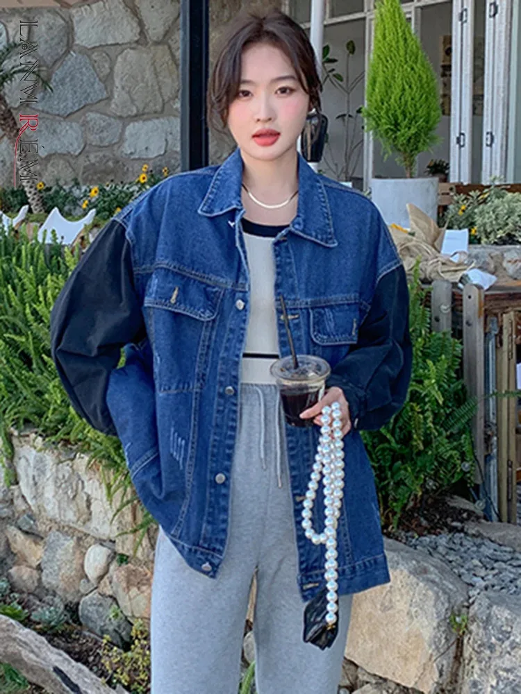 

LANMREM Contrast Color Patchwork Denim Jacket Women Fashion Lapel Single Breasted Coat Streetwear 2024 Spring New 2AA1583