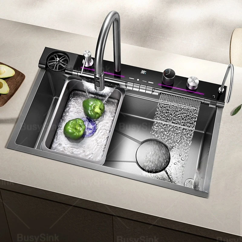Stainless Steel Kitchen Sink Waterfall Faucet Large Single Sink Intelligent Dishwasher Digital Display and Light Effects