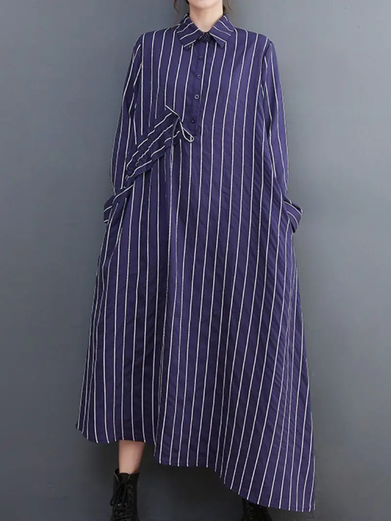 

2022 Autumn Fashion Woman Dress Loose Casual High Waist Drawstring Striped Long Sleeve Literary Elegant Single Breasted Dress