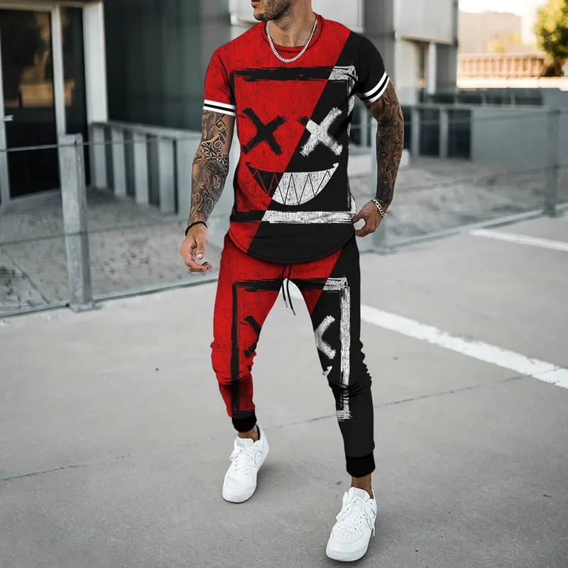 Men's Tracksuit Smiling Pattern 3D Printed Short-Sleeved T-shirt Trousers Casual Summer Men 2 Piece Sets Sport Tshirts Joogers