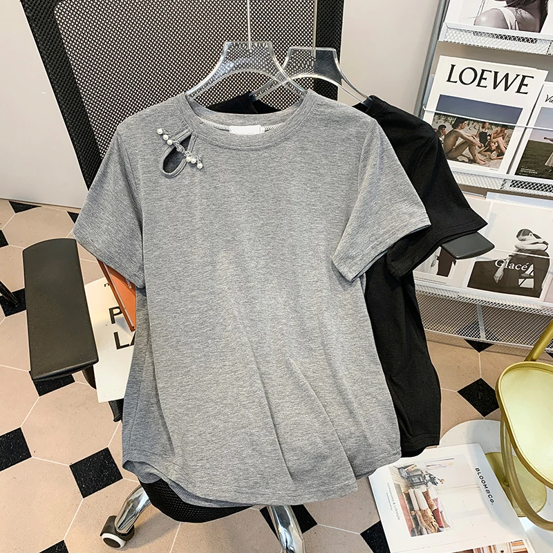 

LKSK Oversized Women's Clothing Chubby Sister New Summer Design Slimming Effect Retro Short Sleeved T-shirt Base Shirt Top