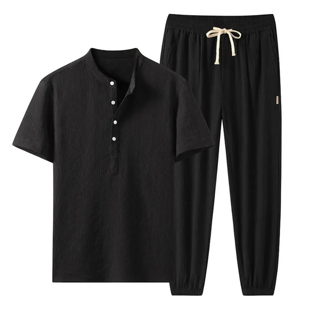 Summer Men Top Trousers Two Piece Set Ice Silk O Neck Solid Color Drawstring Buttons Neckline Top Lace-up Pants Streetwear