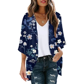 Women Cardigan Sweater For Dress Floral Print Puff Sleeve Kimono Cardigan Loose Cover Up Casual Clothing Sueter Mujer Aesthetic 1