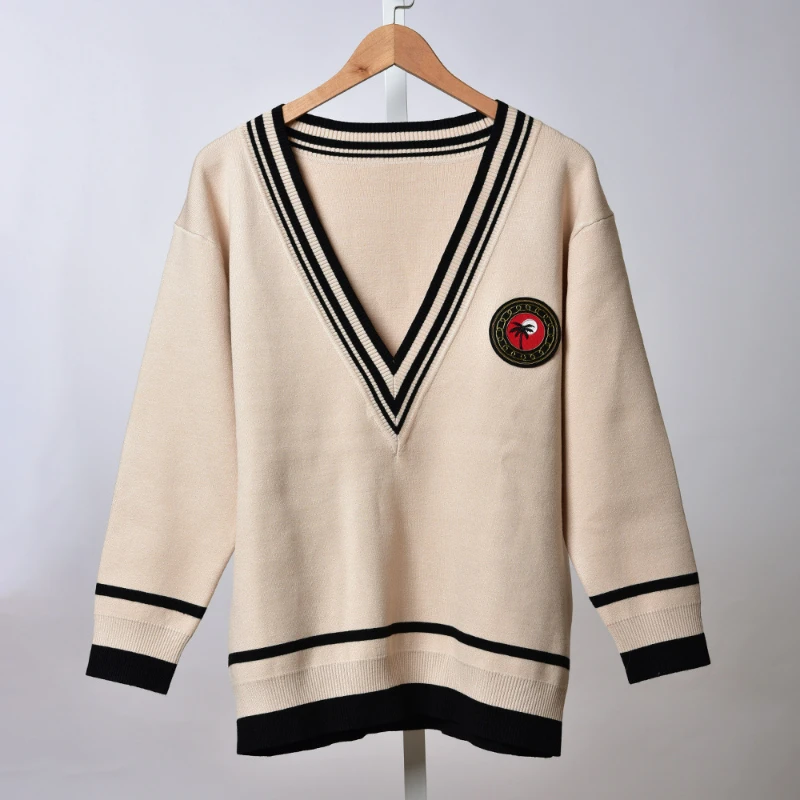 

Women Special Spring and Summer New Temperament College Style Micro-stripe V-neck Knitted Pullover Top