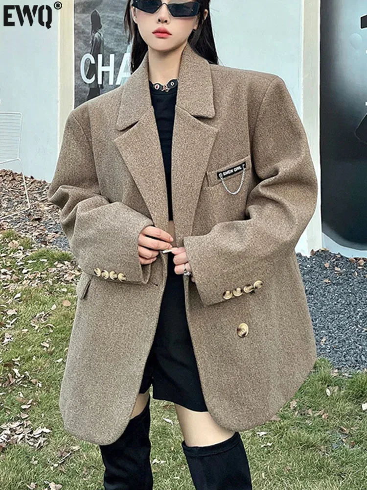 

[EWQ] Single Breasted Lapel Woolen Suit Jacket Women Fashion Versatile Thick Warm Clothes Blazer Coat 2023 Autumn Winter 16U6714