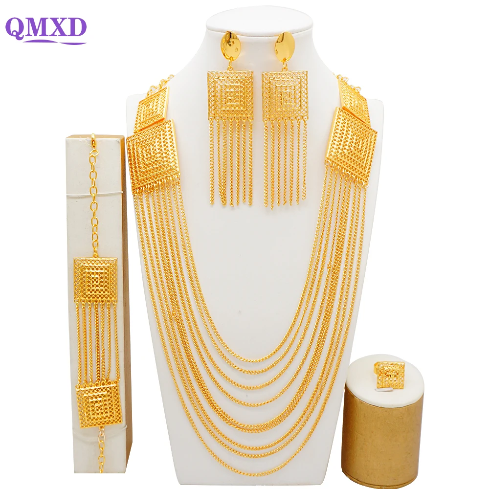 2309203-eb19cd.jpg S44a1c13fa6234ab08205c20d73a25b7c4 Fashion Indian Dubai Gold Color Tassel Jewelry Set For Women Bridal Long Necklace Set Nigerian Choker Necklace Wedding Sets Mallzona