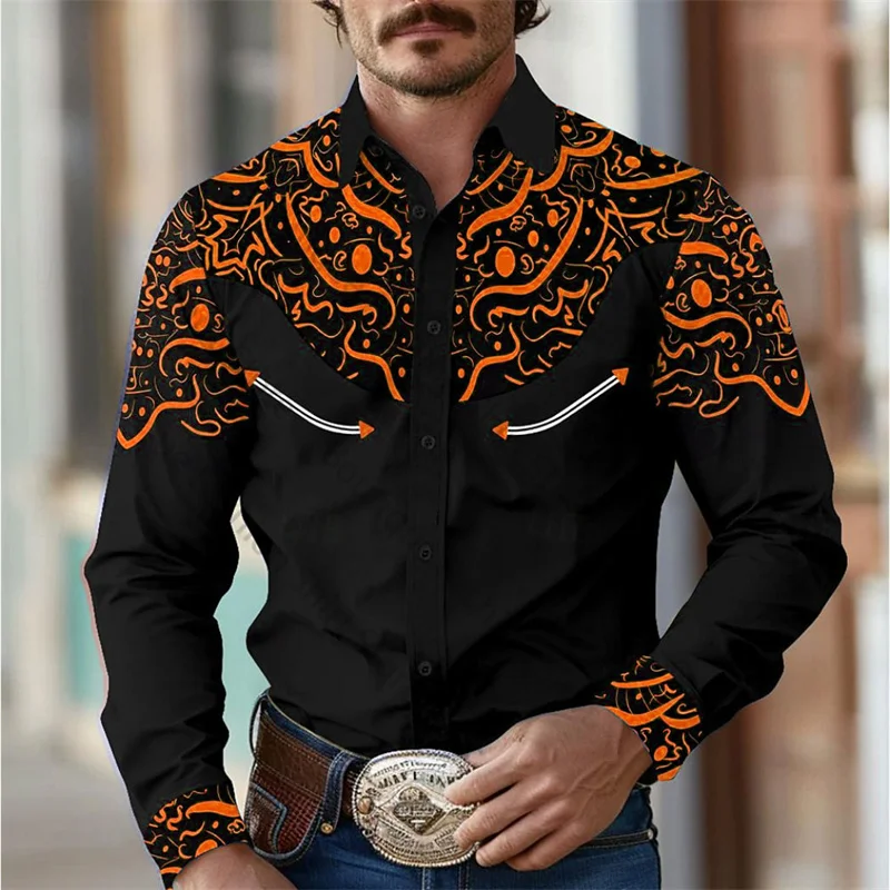 thumbnail image 1 of Camisa de hombre estilo occidental retro geométrico para exteriores, informal, de calle, para uso diario, primavera y otoño, con solapa, manga larga, tallas S-5XL, tela elástica, 1 of 5