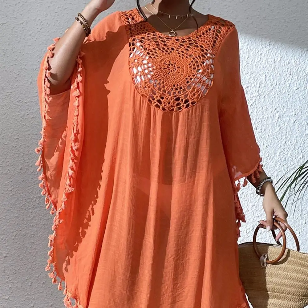 Square Neck Summer Sunscreen Smock Loose Casual Swimsuit Cover Up Dress Bathing Suit Hollow Out Bikini Cover-Ups for Women 4