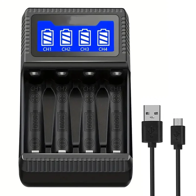 

Rechargeable AA 4 Bay Battery Charger, USB High-Speed Charging, Independent Slot, for Ni-MH Ni-CD Rechargeable AA AAA Batteries