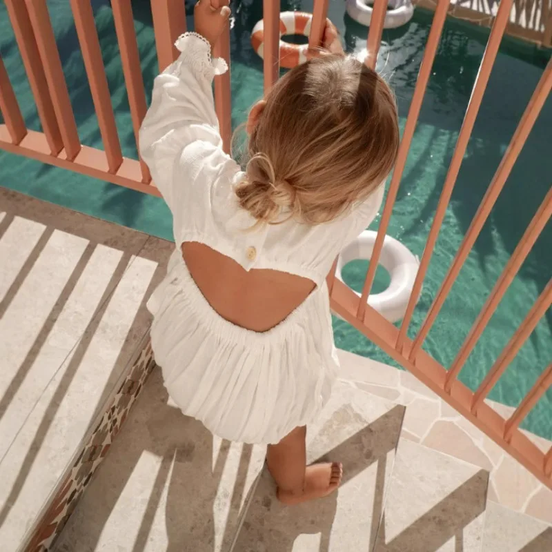 Nuovo stile francese abbigliamento per bambini primavera autunno bambini tute in cotone e lino scavato senza schienale intero pagliaccetti striscianti vestito - immagine 4