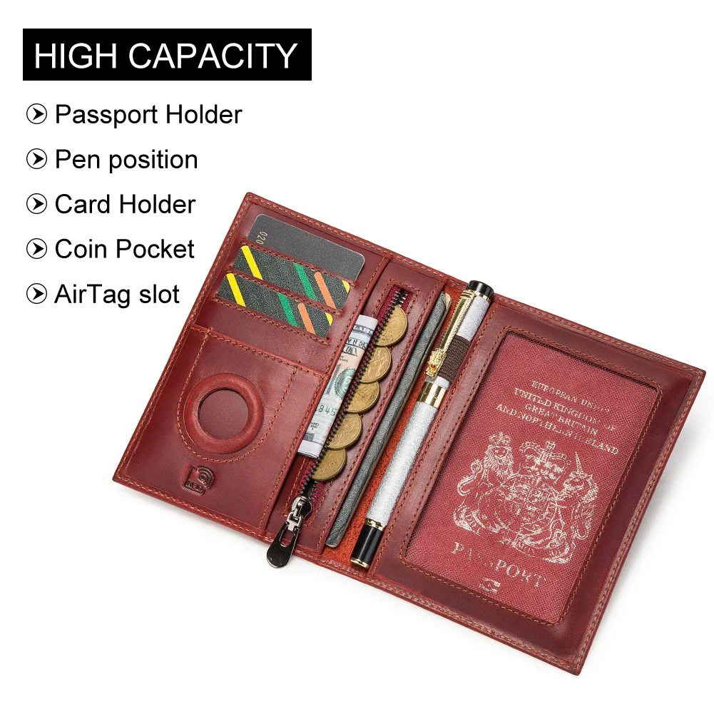 Enhanced Leather Travel Companion: RFID Passport and Card Holder with AirTag Slot