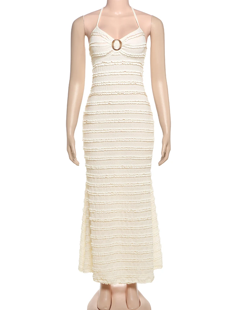 Nibber Multi-Layered Wavy Edges Maxi Dress Women Halter Lace-Up Ring Decoration Elegant Party Vacation Temperament Vestidos