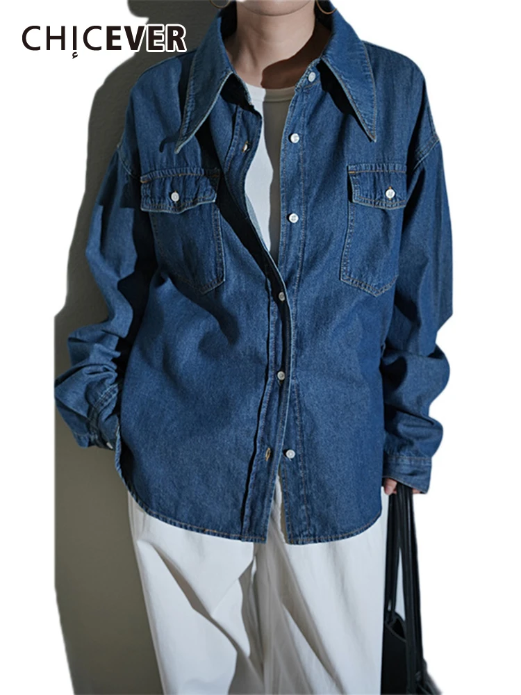 

CHICEVER Casual Minimalist Denim Shirts For Women Lapel Long Sleeve Single Breasted Spliced Pockets Vintage Solid Blouse Female