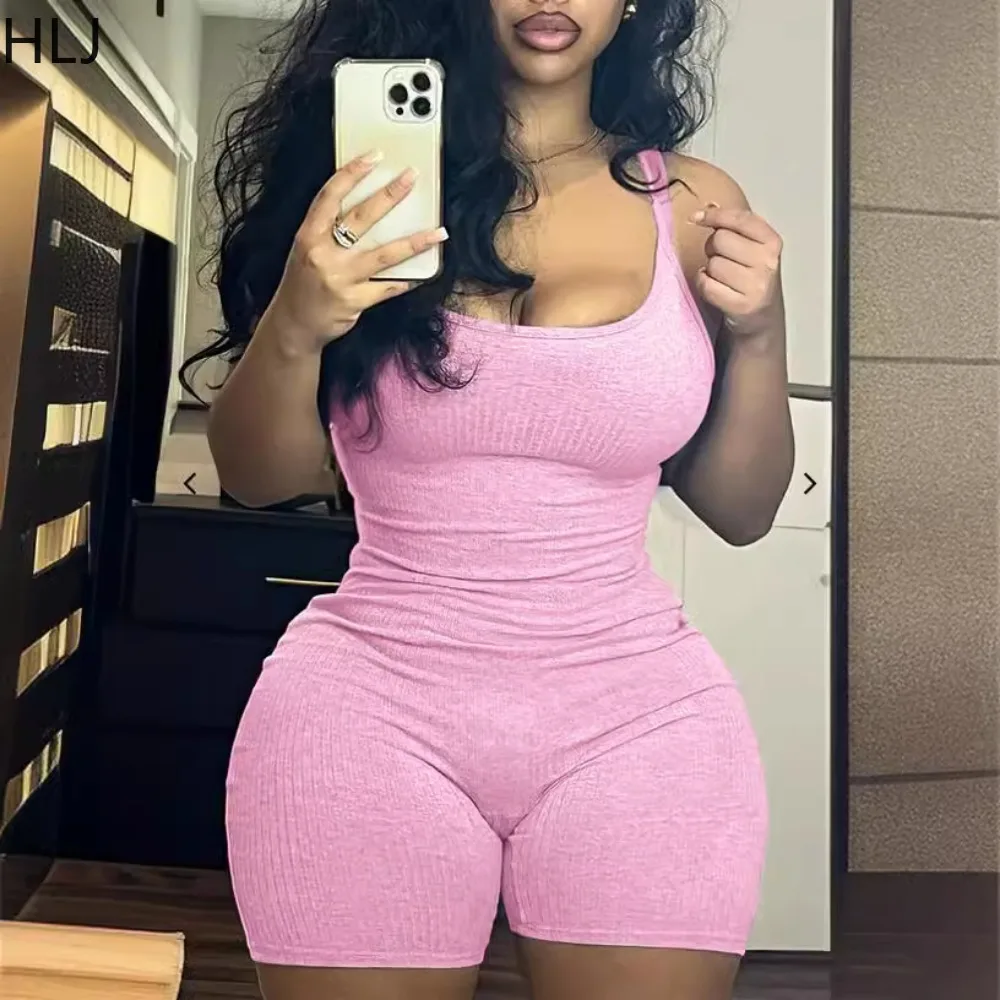 HLJ Summer New Solid Color Ribber Bodycon Sporty Rompers Women Round Neck Sleeveless Slim Jumpsuits Casual Female Jogger Overall