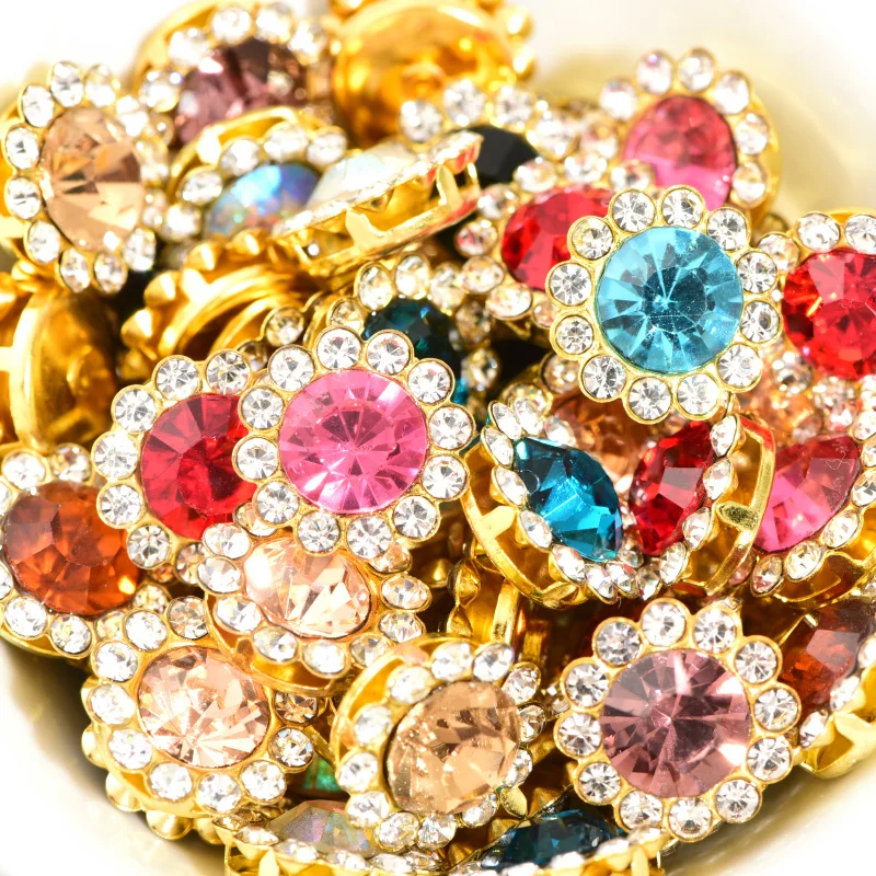 Round Sun Flower Claw Rhinestones with Golden Bottom Glue On Rhinestones Glitter Crystals Strass for DIY Wedding Dress A35,hot fix rhinestones,non hot fix rhinestones,clear glass rhinestones,crystal rhinestones,glass rhinestones,rhinestone crystals,non hotfix rhinestones,rhinestone accessories,rhinestone claw,rhinestones beads