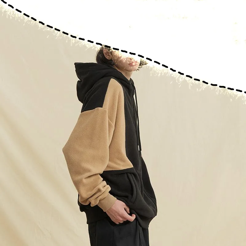 

Contrast color sweater men's loose heavy fleece fleece coat raglan hooded zipper shirt for lovers in autumn and winter