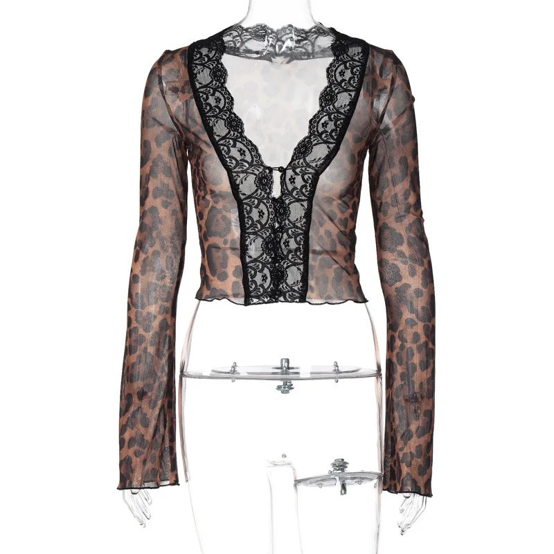 Camiseta sexy de malla transparente para mujer, de verano, con estampado de leopardo, escote en V profundo, ajustada, de manga larga acampanada, para fiesta y club nocturno.