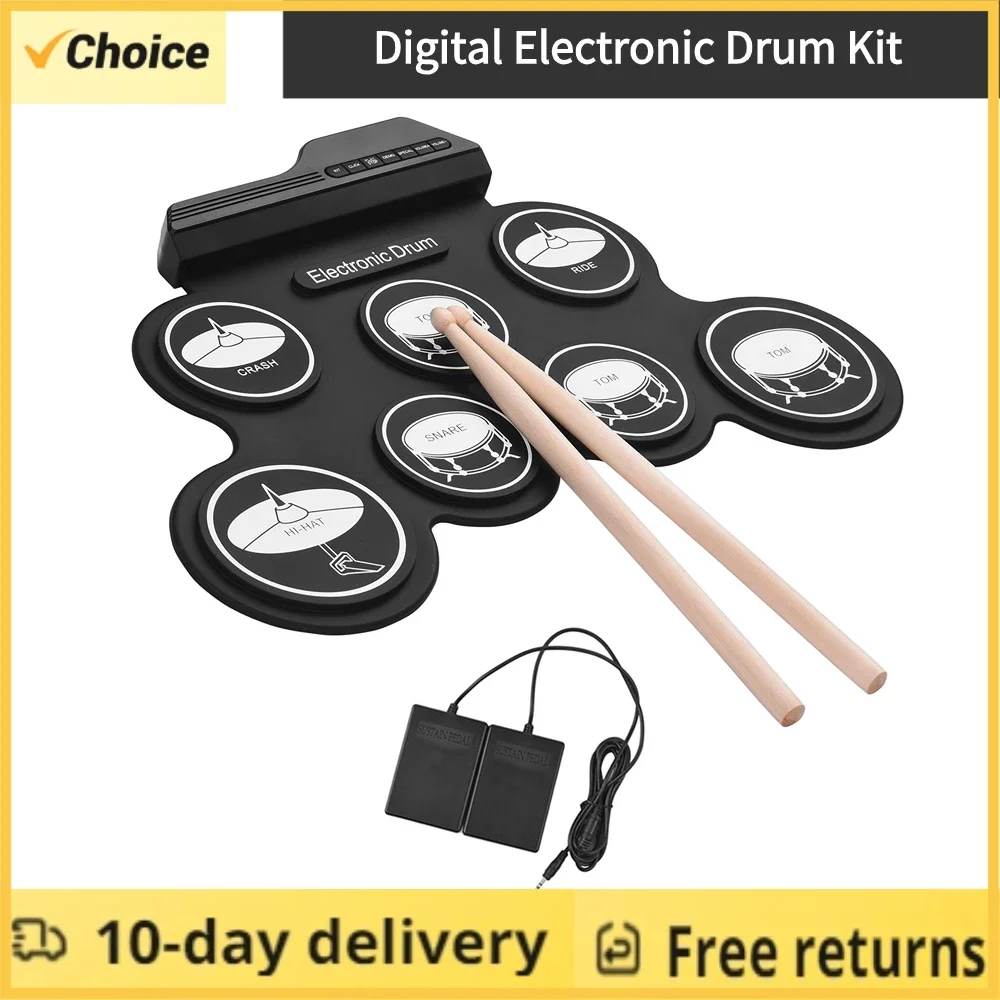 Electronic drum set with USB, rolled up silicon drum pad, digital foldable electric portable compact,manual practice with pedal