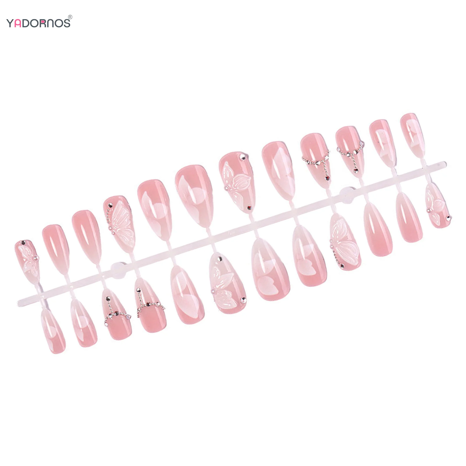 24개 블러쉬 핑크 가짜 손톱 패치 아몬드 프레스온 네일 리본/꽃 장식 달콤한 소녀 매력 매니큐어 풀커버 인조 손톱
