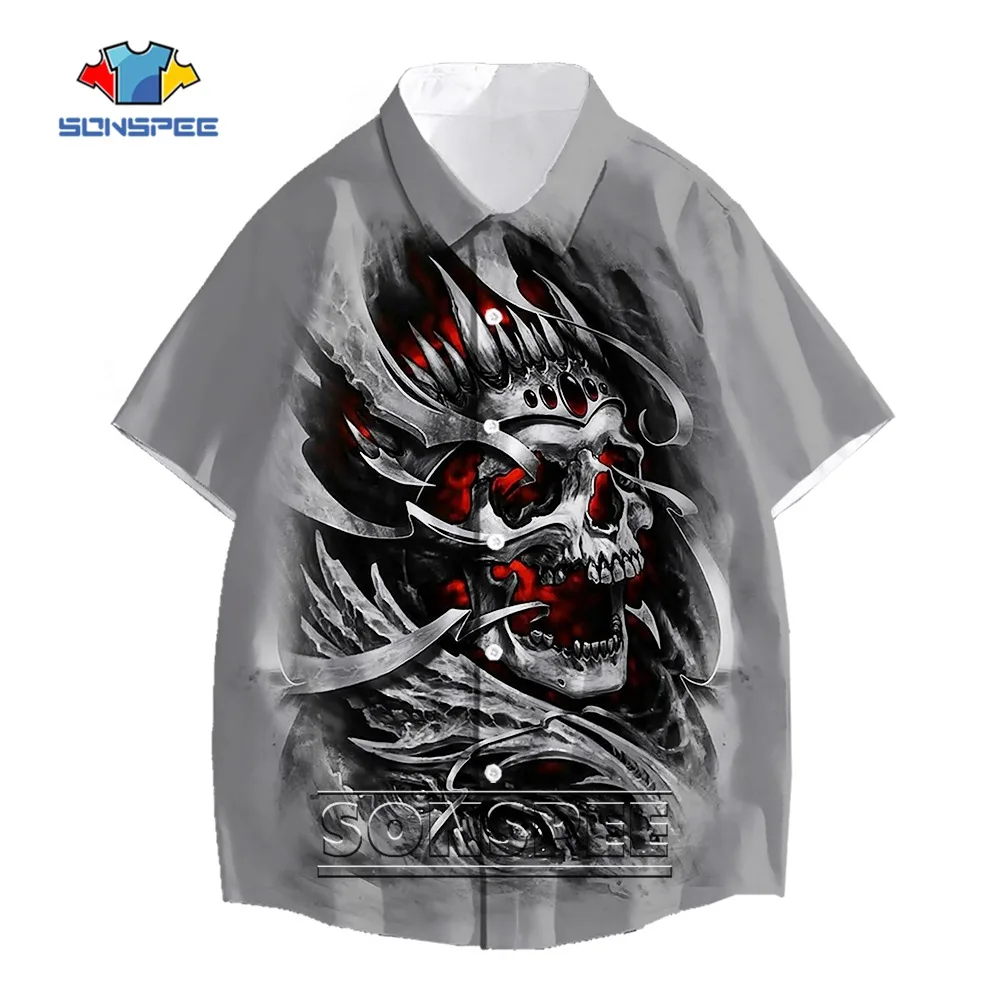 

SONSPEE Fashion Summer Horror Skull Print 3D Male Hawaiian Shirt Lapel Short Sleeve Casual Breathable Men's Oversized Shirts Top