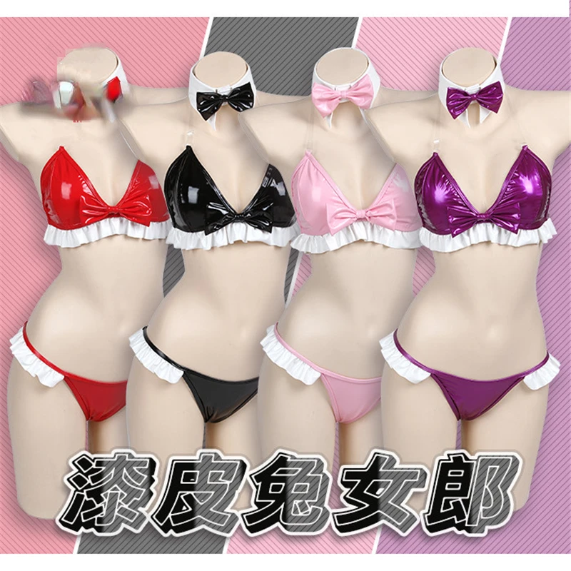 

Original Patent Leather Swimsuits Woman Bunny Girl Lovely Sexy Uniform Rabbit Tail Cosplay Costume Bra+Shorts Bikini