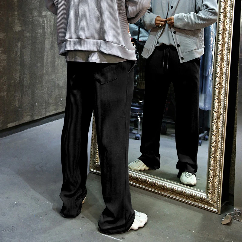 Men s Elastic Waist Trousers High Waist Loose Fit Tapered Leg Casual Solid Color Corduroy Pants with Pockets