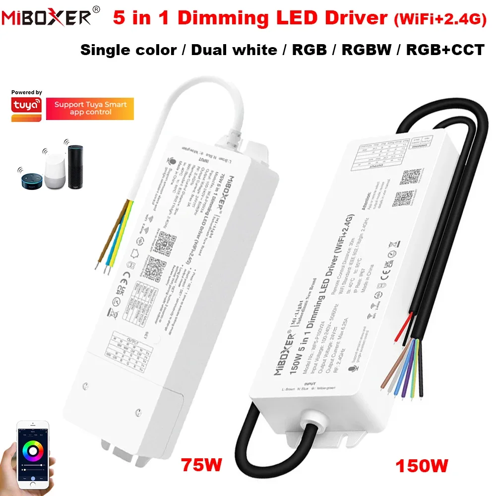 

75W 150W Single Color Dual White RGB RGBW RGB+CCT WiFi 2.4G Dimming LED Driver DC24V Waterproof Drive Power Wireless RF Control