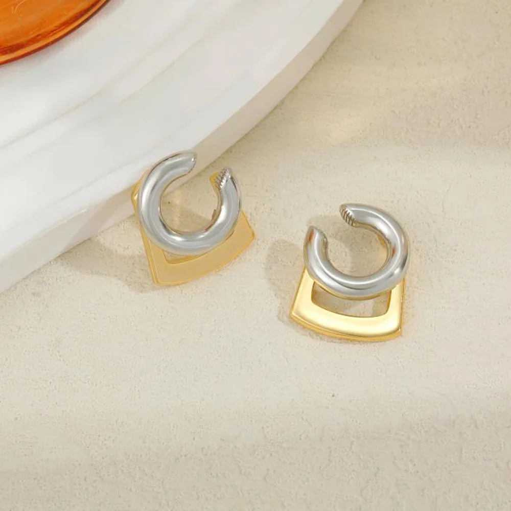 Personality Rock Double-layer CC Clip Earrings Women Two-color Non Piercing Earclip PVD Stainless Steel Girls Statement Jewelry