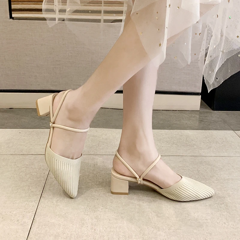 

Женские туфли на высоком каблуке, однотонные тканевые туфли с острым носком, без застежки, на среднем каблуке, лето 2024