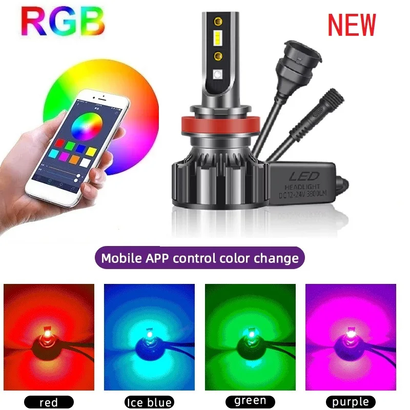 Pair H7 RGB LED Headlight H1 APP Bluetooth-Compatible Control H3