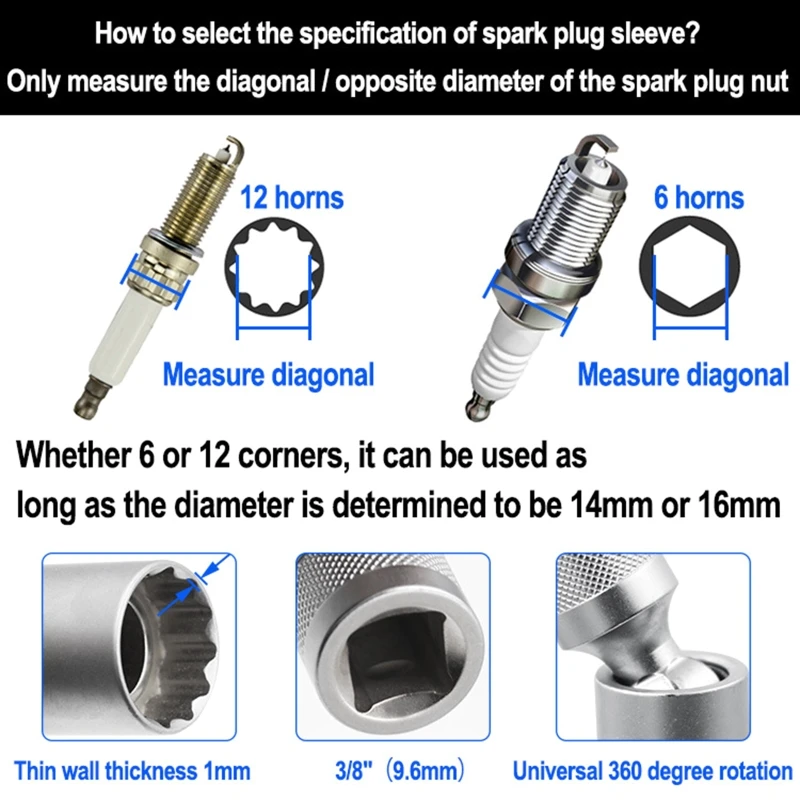 

Magnetic for SPARK plug Socket 3/8" Sockets for 14/16mm for SPARK plug Thin Wall Socket 12 Repairing Remo