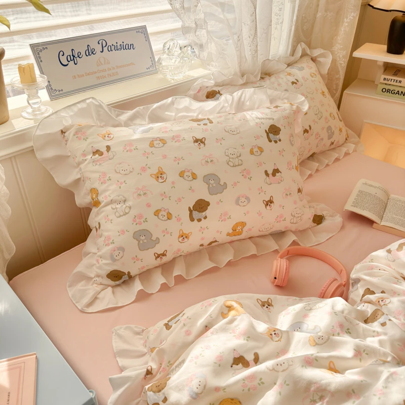 Sweet Vintage Floral Ruffle Cute Ruffles Bedding Set Twin Single Double Queen Soft Duvet Cover Bed Sheet Pillowcases 4Pcs 4