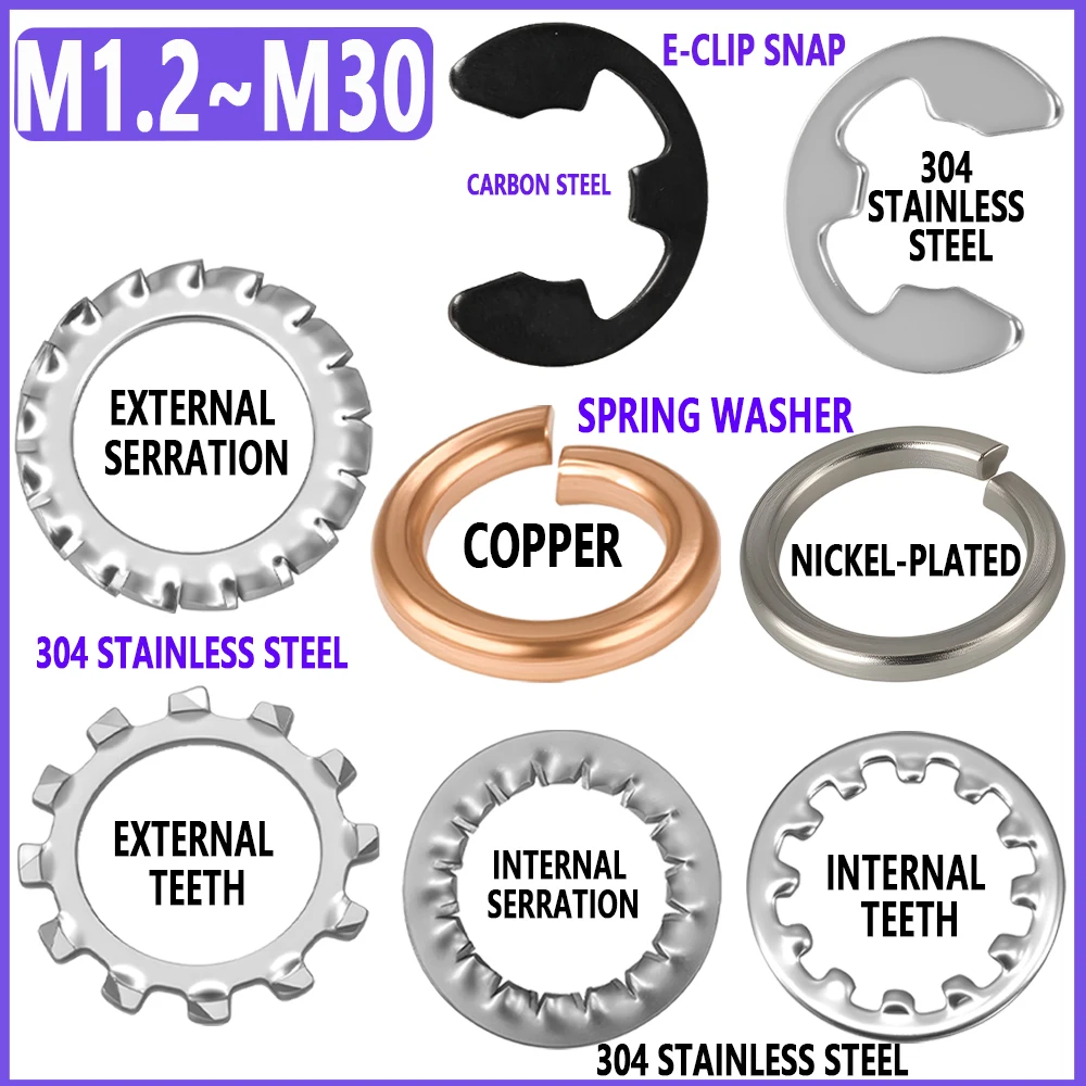 แหวนรองแบบมีฟันด้านนอกหรือด้านใน แหวนรองแบบมีฟัน E-Clip ปะเก็นสแน็ป สปริงล็อค แหวนรอง M1.2~M30 ปะเก็นล็อคแบบฟันด้านในหรือด้านนอก 1