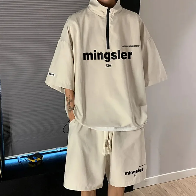 

Summer Half Zip T-shirts Sportswear Suit Men's Loose Short Sleeve Top Shorts Running Two Piece Set Thin Quick Drying Sweatshirts