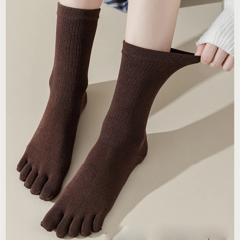 5 Pairs Five Fingers Long Socks for Women Autumn Winter Dark Color Cotton Sock Solid Mid-tube Versatile Casual Socks Harajuku