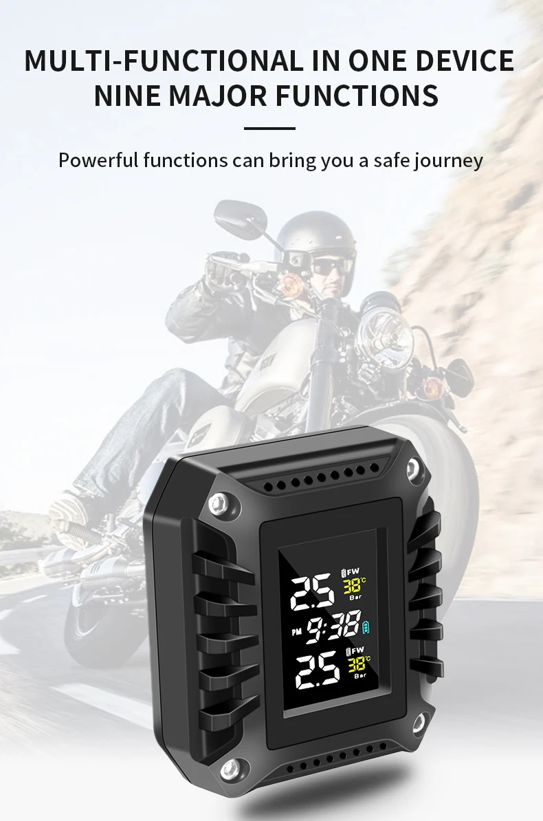 Wireless Motorcycle TPMS With 2 External Sensors Motorbike Tire Pressure Monitor