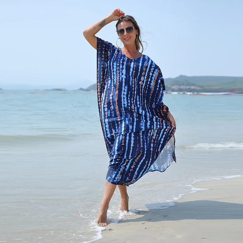 

2023 Spring Summer Beach Blouse Halo Dye Loose Holiday Dress Gown Beach Skirt Women's Bikini Lady Sunscreen Top Blue