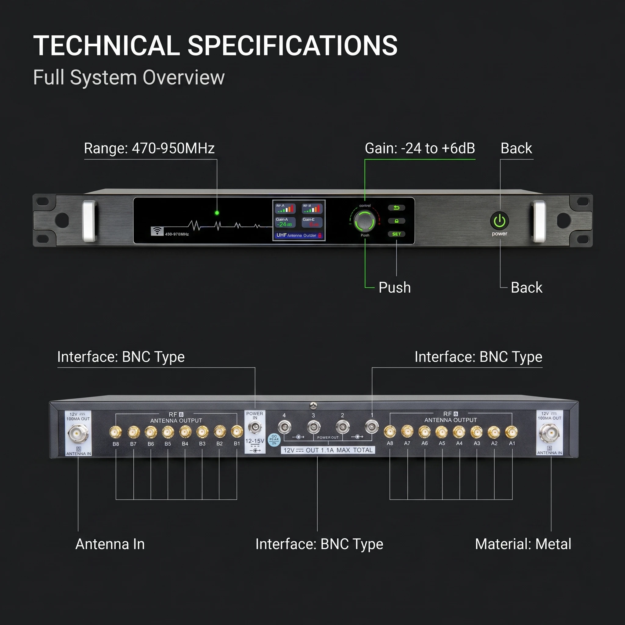 폴킷슨 AT-16pro 470-950MHz 안테나 분배 시스템 무선 마이크 앰프 분배기 무손실 신호 전송 스테이지 라이브용