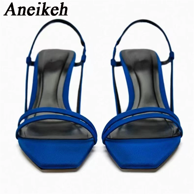 

AneikehWomen's Classics Silk Narrow Band Thin Heels Shoe 2024 Summer Pointed Open Toe Elastic Band Sandals Wedding Dress Zapatos