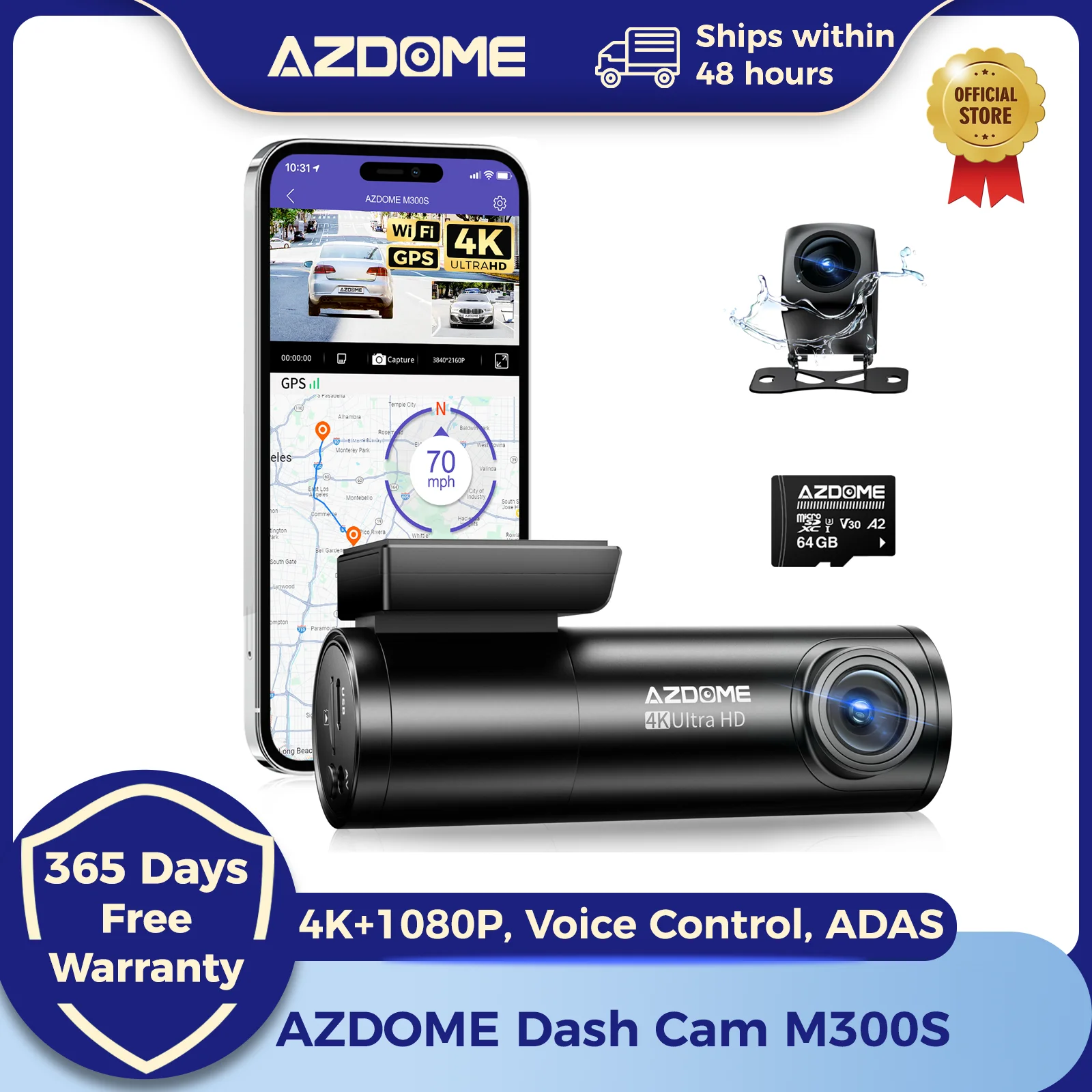 AZDOME M300S Kamera samochodowa 4K z przodu i z tyłu, wbudowany ADAS, WiFi, GPS, darmowa karta 64GB, sterowanie głosowe, noktowizor - AliExpress 34