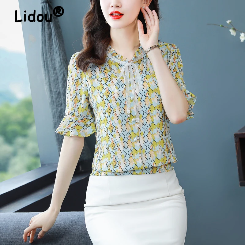 

Women's Korean Fashion Print Ruffle Lace Up Blouse 2024 New Summer Elegant Short Sleeve Shirt Chic Slim Sweet Tops Casual Blusas