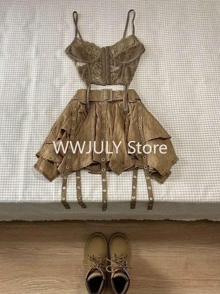 Harajuku Vintage Fashion 3 Piece Set Woman Short Cardigan + Slim Vest + Y2k E-Girl High Waist Skirt Hot Girls Korean Style Suit 2