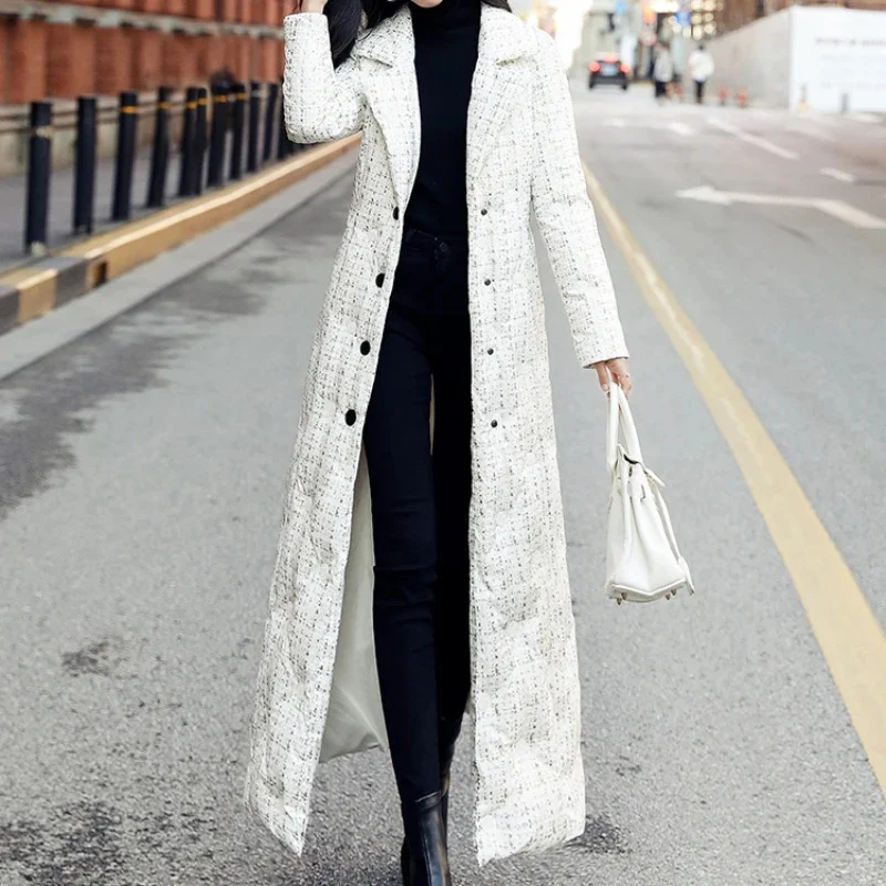 

High End White Duck Down Coats for Women Plaid Puffer Jacket Winter Female Super Long Coat 2024 New in Outwear Slim Casaco