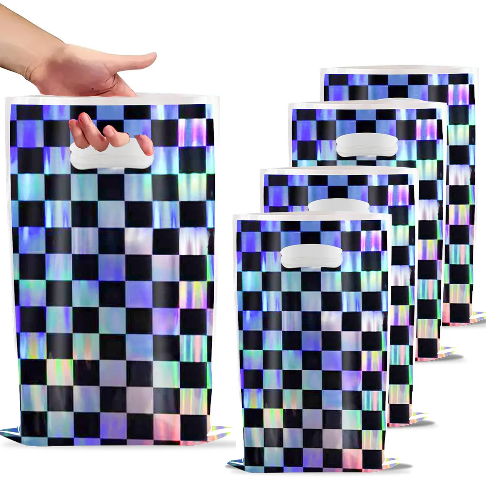 Race Car Party Favor Gift Bag Disco Shiny Iridescent Laser Candy Treat Bag Holographic Black and White Checker Goodie Loot Bag 1