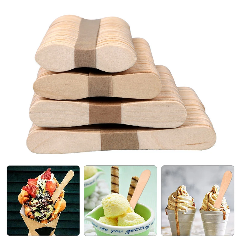 50/100 Pcs Plain Flat Ice Cream Scoops Natural Wooden Dessert Spoons
